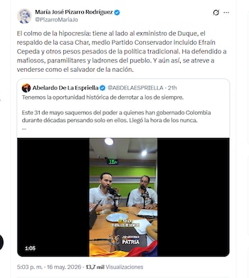 La congresista María José Pizarro Rodríguez aseguró que Abelardo de la Espriella tiene el respaldo de políticos tradicionales - crédito @PizarroMariaJo/X