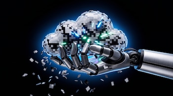 Una mano robótica metálica sujeta una nube de píxeles blancos y negros, con luces azules y verdes en su interior y fragmentos cuadrados que caen, sobre un fondo oscuro