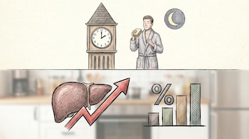 Ilustración de un hombre comiendo un sándwich de noche, un reloj y la luna, y debajo un hígado con una flecha ascendente y gráficos de barras.