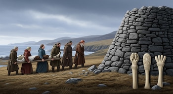 Ilustración de personas antiguas transportando restos humanos en camilla hacia un túmulo de piedra. Paisaje costero escocés, cielo nublado. Herramientas rituales en primer plano.