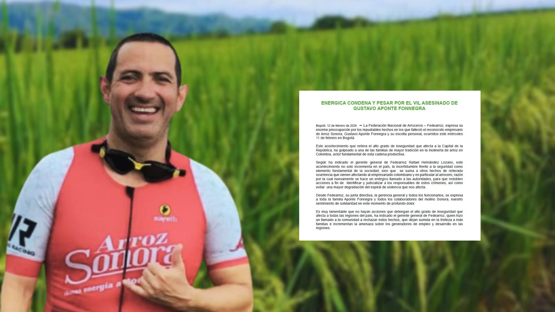 Gustavo Andrés Aponte Fonnegra fue asesinado a tiros cuando salía del gimnasio, en la calle 85 con carrera 7, norte de Bogotá - crédito Fedearroz y @mercyblog123/X