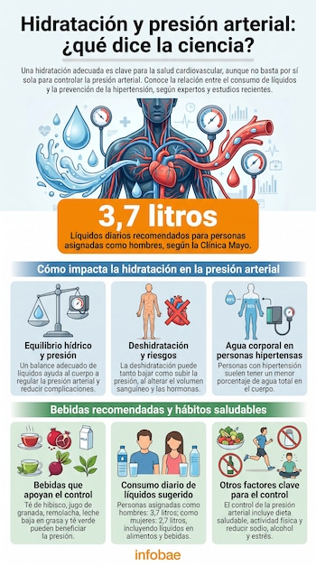 Infografía sobre hidratación y presión arterial con ilustraciones del cuerpo humano, vasos sanguíneos, agua, bebidas, alimentos y personas.