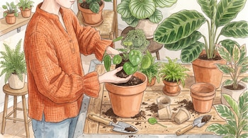 Ilustración en acuarela de una persona con camisa naranja colocando una planta en una maceta de terracota sobre una mesa de madera.