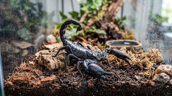 Un escorpión negro con las pinzas abiertas y la cola levantada sobre tierra dentro de un recinto de vidrio con plantas y musgo.