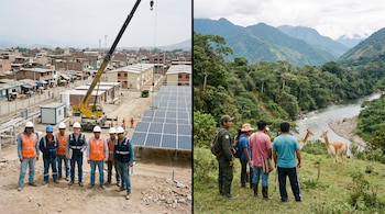 Imagen dividida. Izquierda: Seis trabajadores en un sitio de construcción con grúa y paneles solares frente a casas. Derecha: Cinco personas observan dos vicuñas junto a un río y montañas.