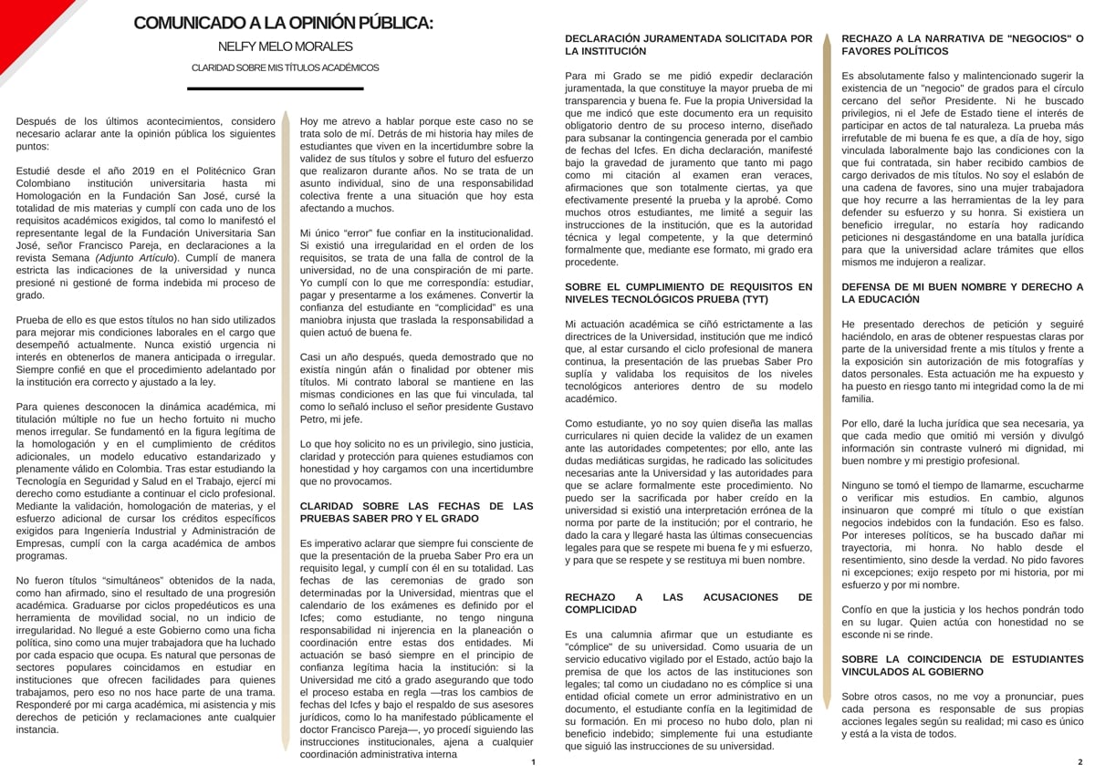Este es el comunicado de Nelfy Melo Morales sobre las acusaciones en su contra - crédito suministrado a Infobae Colombia