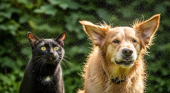 Un perro de pelaje dorado y un gato negro sentados lado a lado, con gotas de agua volando a su alrededor y un fondo verde borroso.