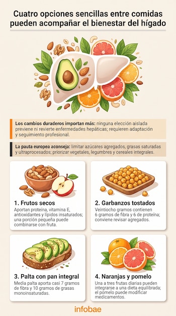 Infografía con una ilustración de un hígado rodeado de frutas y cuatro recuadros informativos sobre distintas opciones de colaciones.