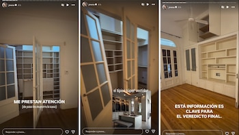 Tres imágenes de habitaciones de una casa en remodelación, mostrando estanterías vacías, puertas de vidrio, un ventilador de techo y pisos de madera
