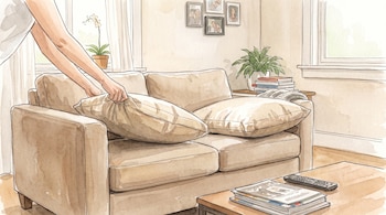 Ilustración de unas manos acomodando un cojín en un sofá beige junto a una mesa con revistas y una ventana con plantas.