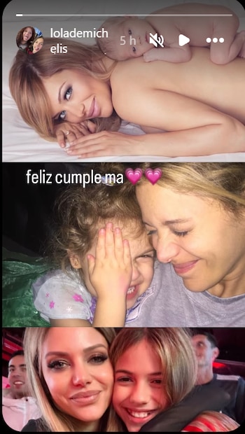 Collage de tres imágenes. Primera foto: mujer con bebé en la espalda. Segunda foto: mujer con niña pequeña, texto "feliz cumple ma". Tercera foto: mujer y niña sonriendo
