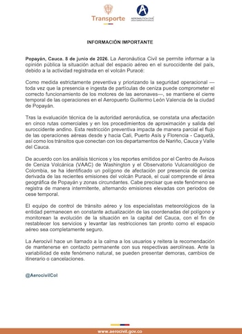 Varias rutas comerciales presentan restricciones por la actividad registrada en el volcán Puracé - crédito Aeronáutica Civil