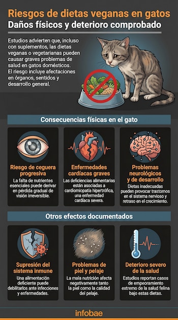 Infografía con un gato gris triste al lado de un tazón de vegetales con un símbolo de prohibido, detallando riesgos de dietas veganas para gatos.