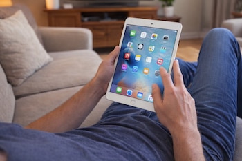 Plano medio de una persona recostada en un sofá gris, sosteniendo un iPad blanco con ambas manos y tocando la pantalla táctil con un dedo. Se ven aplicaciones.