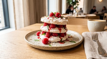 Postre en capas de merengue blanco, frambuesas rojas y hojas de menta sobre un plato cerámico, junto a un tenedor, una servilleta y una taza.