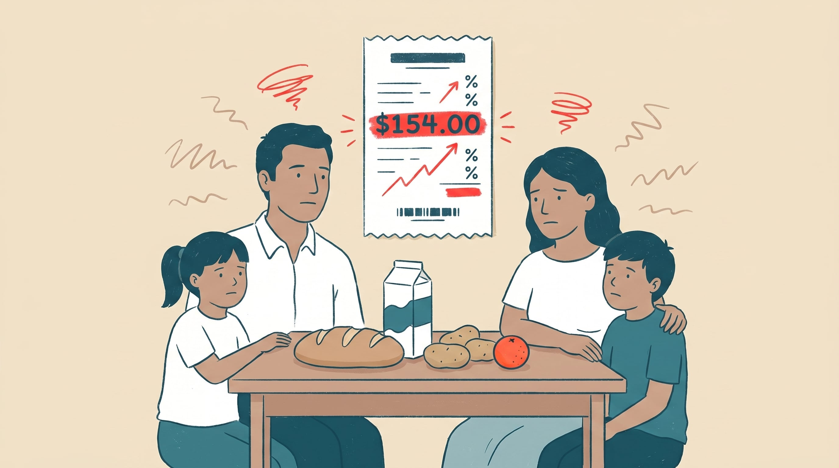 Una familia mexicana se reúne alrededor de una mesa con alimentos básicos, reflexionando sobre una factura de supermercado destacada en rojo que simboliza el creciente impacto de la inflación en su economía diaria. (Imagen Ilustrativa Infobae)
