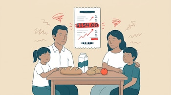 Ilustración plana de una familia mexicana (padre, madre, niña, niño) sentada alrededor de una mesa con pan, leche, papas y una naranja, mirando una factura de supermercado con $154.00 resaltado en rojo y flechas ascendentes.