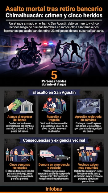 Infografía sobre asalto mortal: dos hombres en motocicleta armados, personas huyendo, policía, ambulancia, banco, cámara de seguridad, heridos y protestas vecinales.
