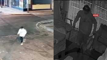 Imagen dividida. Izquierda: Hombre con sudadera blanca caminando por una carretera urbana de noche. Derecha: Hombre en un interior oscuro, captado por cámara de seguridad