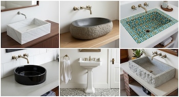 Seis lavabos en diferentes estilos: uno de mármol, uno de piedra ovalado, uno con mosaico, uno negro cerámico, uno de pedestal y uno de piedra rectangular.