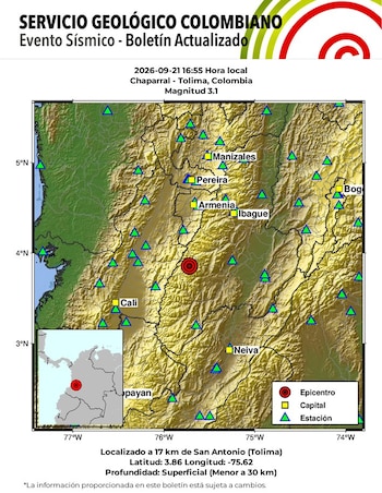 El Servicio Geológico Colombiano informó que la actividad registrada entre el 20 y el 21 de septiembre superó el promedio de las últimas semanas y mantendrá vigilancia sobre la zona - crédito SGC/X