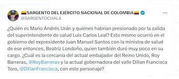 Este es el inicio de un post en X en el que el sargento (r) del Ejército Alexander Chalá acusó a Roy Barreras de tener nexos con Mario Andrés Urán - crédito @sargentochala/X