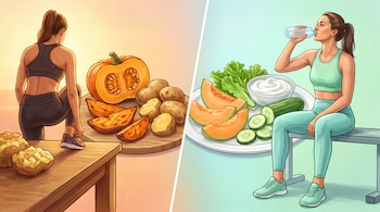 Ilustración dividida de una mujer junto a calabaza y patatas, y de la misma mujer bebiendo agua frente a melón, pepino y yogur.