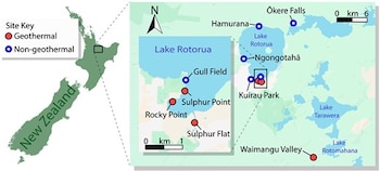 Mapa de Nueva Zelanda con un acercamiento al lago Rotorua que ubica puntos marcados con círculos rojos geotérmicos y azules no geotérmicos