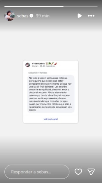 Sebastián Villalobos se pronunció en su canal de Instagram para solicitar respeto a sus seguidores frente a la situación personal que atraviesa tras la separación - crédito @sebas/Instagram