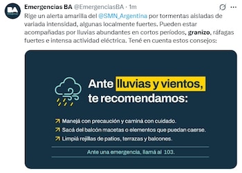 El Gobierno de la Ciudad de Buenos Aires alertó a la población por las tormentas y caída de granizo (@EmergenciasBA)