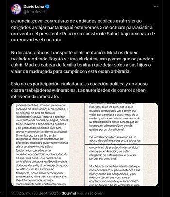 Estas fueron las denuncias de David Luna sobre evento promovido por el Gobierno nacional en Bogotá - crédito red social X