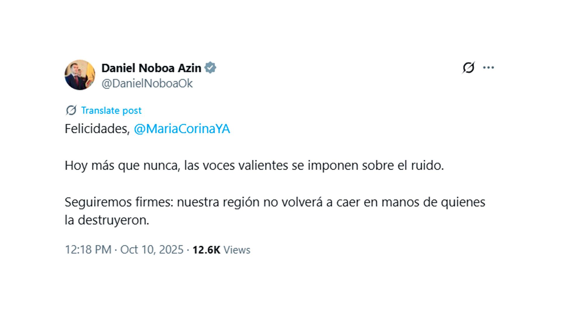 El saludo de Daniel Noboa en X