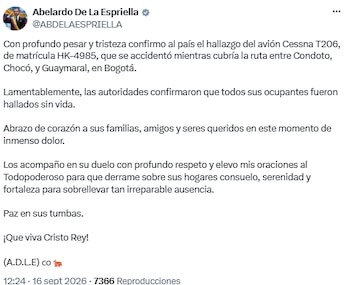 Abelardo de la Espriella confirmó hallazgo de aeronave accidentada con todos sus ocupantes fallecidos - crédito @ABDELAESPRIELLA/X