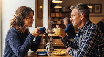 Vista lateral de una pareja de más de 40 años sentada frente a frente en una mesa de madera, bebiendo de tazas de colores con vapor visible.