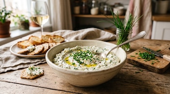 Un cuenco de cerámica con queso crema y ciboulette, una copa de vino blanco, galletas saladas y una tabla de cortar sobre una mesa de madera.