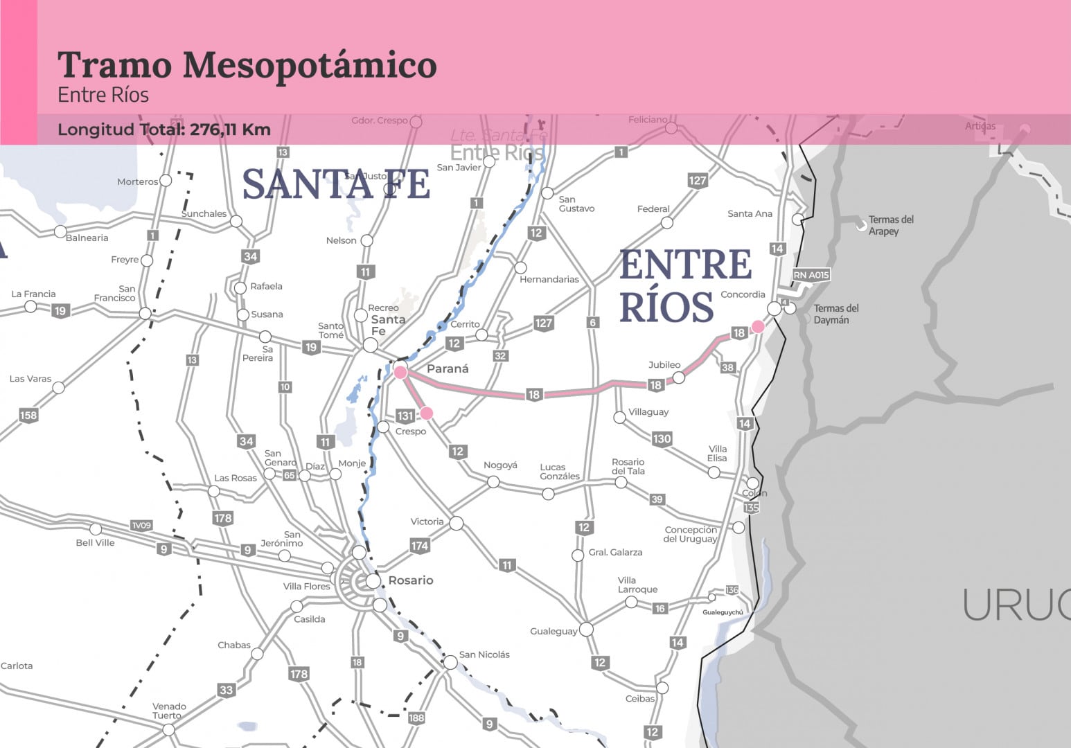 El mapa ilustra el Tramo Mesopotámico en Entre Ríos, uno de los tramos bajo licitación en la etapa 3 de la Red de Concesiones Viales, con una longitud total de 276,11 km. (Vialidad Nacional)