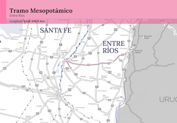 Mapa detallado del Tramo Mesopotámico en Entre Ríos, Argentina, resaltado en rosa, mostrando ciudades, rutas y la longitud total de 276,11 km