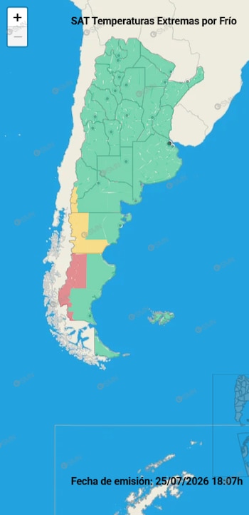 Santa Cruz bajo alerta roja y sectores de Chubut y Río Negro con alerta amarilla por bajas temperaturas, según el reporte del SMN