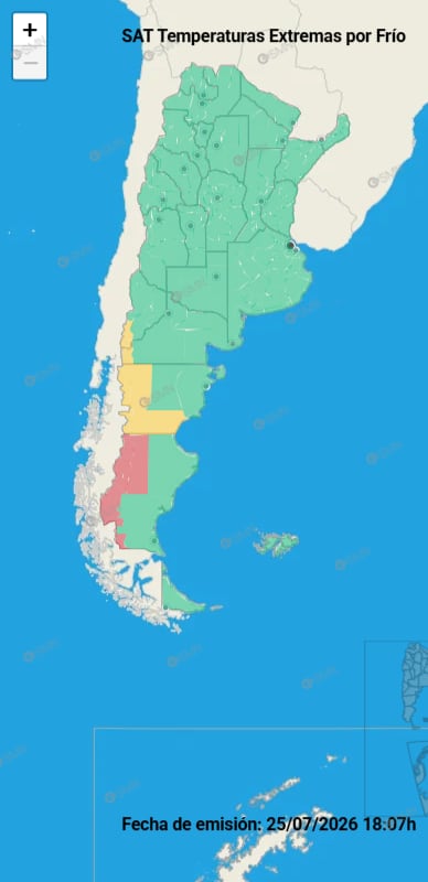 Santa Cruz bajo alerta roja y sectores de Chubut y Río Negro con alerta amarilla por bajas temperaturas, según el reporte del SMN