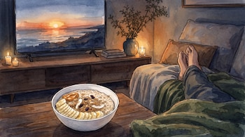 Ilustración de una persona descansando en un sofá, con pies descalzos y un tazón de avena en la mesa. Una televisión muestra un atardecer. Hay velas y una planta.