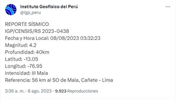 Sismo en Cañete. (Fuente: Twitter IGP)
