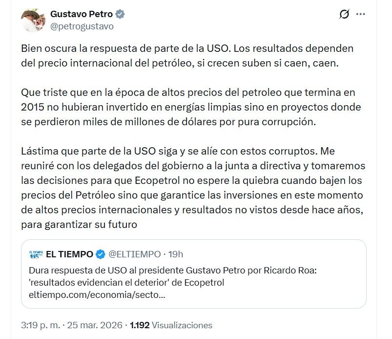 El jefe de Estado aseguró que la continuidad de Ricardo Roa al frente de Ecopetrol garantiza estabilidad - crédito @petrogustavo/X