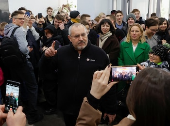 Boris Nadezhdin, an anti-war candidate who was barred from running in the election, meets students after voting on the final day of the presidential election in Dolgoprudny, Moscow region, Russia March 17, 2024. REUTERS/Stringer