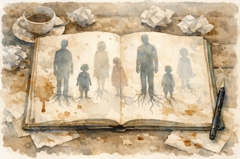 Acuarela: libro abierto con siluetas translúcidas de niños y adultos en sus páginas, algunos con raíces. En la mesa, manchas de café, papeles arrugados y una pluma.