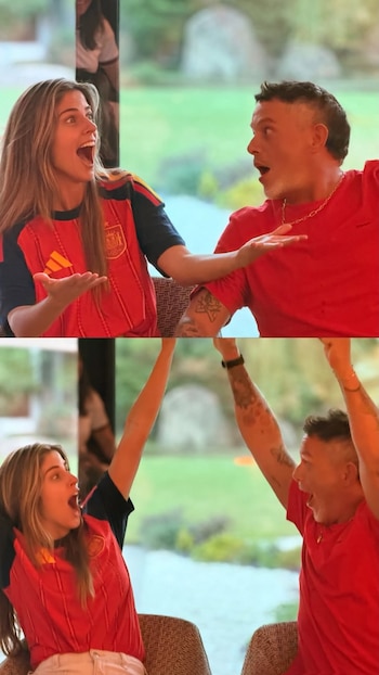 Díptico. Mujer con camiseta de España y hombre con camiseta roja. Arriba, ambos con boca abierta y manos bajas. Abajo, ambos con boca abierta y brazos alzados