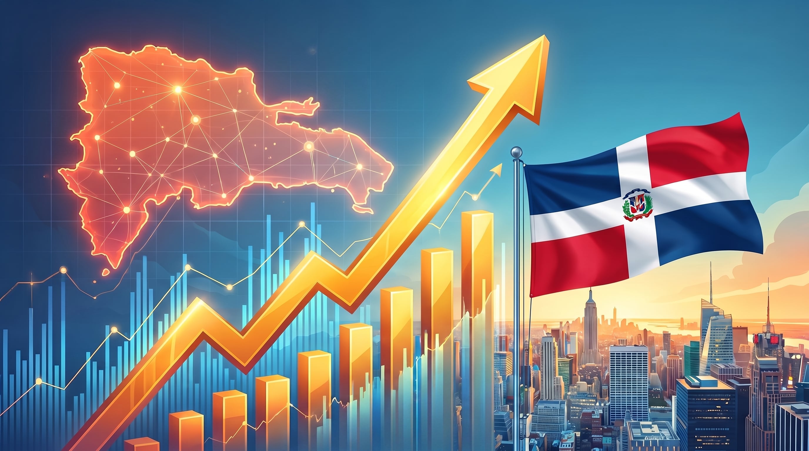Un gráfico de barras con una flecha ascendente y el mapa de República Dominicana iluminado representan el crecimiento económico del país, junto a su bandera y una ciudad. (Imagen Ilustrativa Infobae)