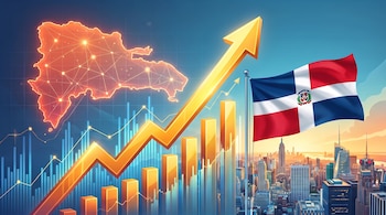 Gráfico con barras y una flecha ascendente dorada, un mapa de República Dominicana con puntos de red, la bandera dominicana y un paisaje urbano.