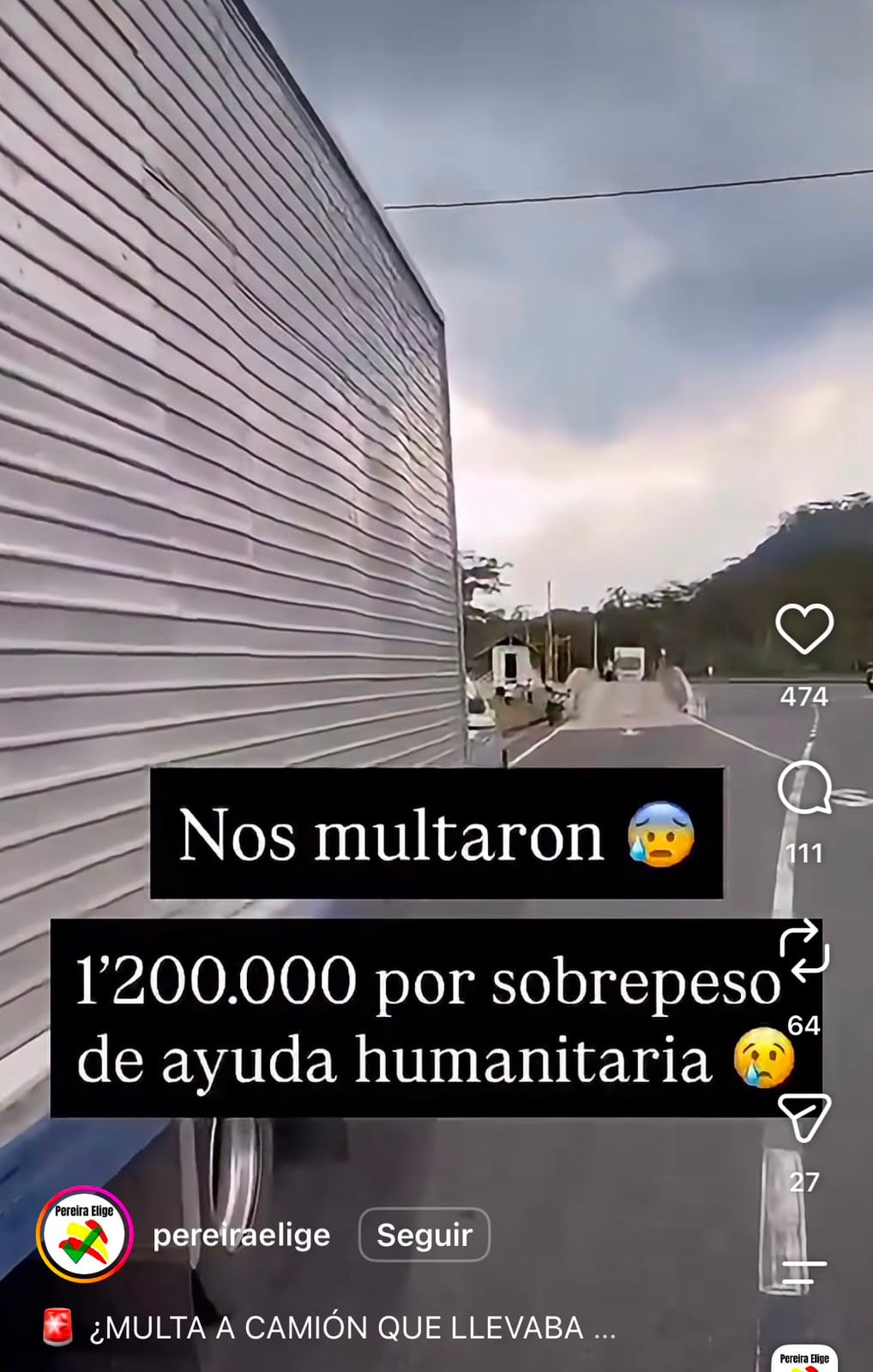 La denuncia de un conductor de grúa que expone fue multado por sobrepeso de ayuda humanitaria en el Eje Cafetero - crédito Pereira Elige