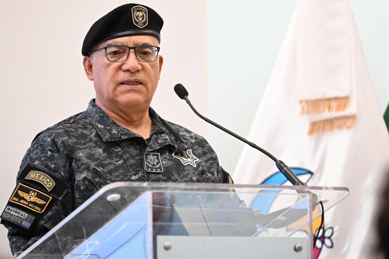 El secretario de seguridad de Zacatecas durante la conferencia de este 30 de julio. Crédito: Gobierno de Zacatecas