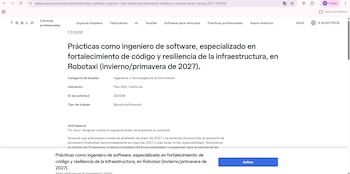 Captura de pantalla del sitio web de Tesla que muestra una oferta de prácticas en ingeniería de software para Robotaxi en Palo Alto